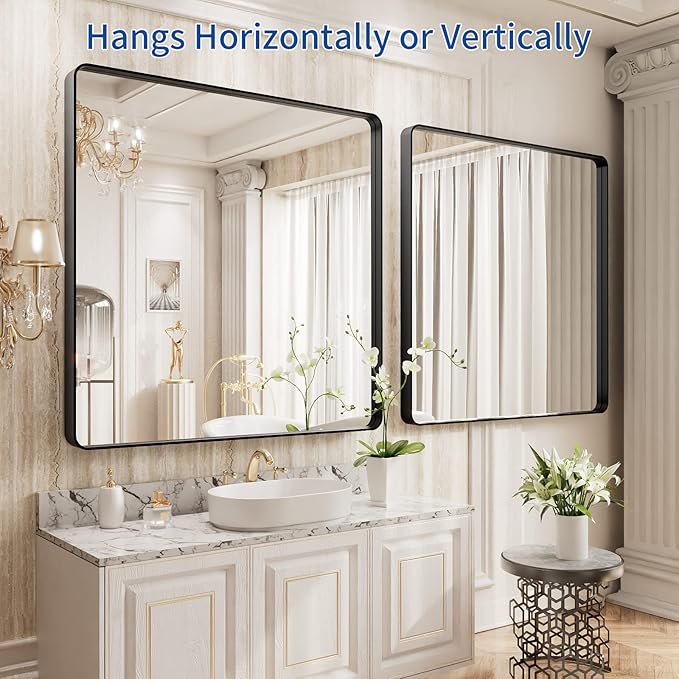 WEER 36X36 Inch Black Metal Framed Bathroom Mirror, Matte Black Bathroom Vanity Mirror, Rectangular Black Wall Mirror for Bathroom, Tempered Glass, Rounded Corner, Hangs Horizontal or Vertical
