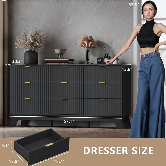 Fluted 9 Drawer Dresser, 57.1" Wide Modern Boho Chest of Drawers, Wooden Storage Dresser TV Stand for Bedroom, Living Room, Closet, Hallway, Curved Profile Design