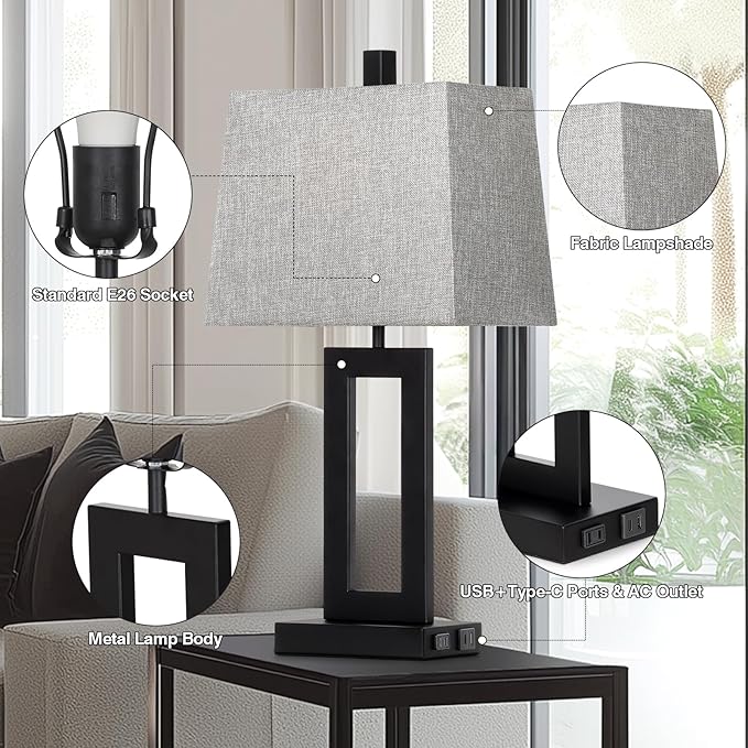 Touch Control Table Lamp Set of 2, Modern Black Bedside Lamps with USB C+A Ports & AC Outlet, 3 Way Dimmable Bedroom Lamps for Night Stands Bedroom Living Room,Nightstand Lamp