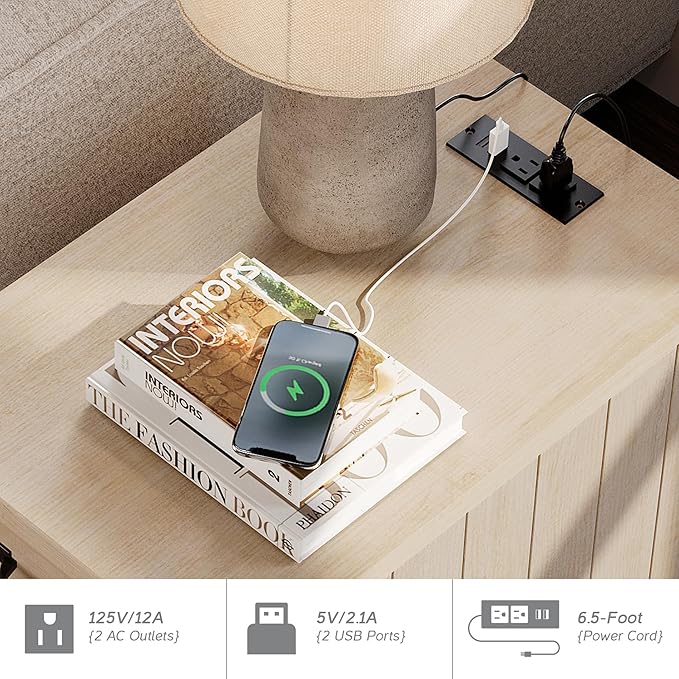 WAMPAT Set of 2 End Tables with Charging Station, Beige Tall Side Table with Storage Cabinet & Drawer, Wooden Nightstands with Power Outlets & USB Ports for Bedroom, Living Room