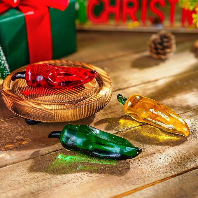 Set of 3 Glass Chili Miniature Figurines Fall Decorations for Home Crystal Fruits Vagetables Paperweights for Kitchen Tabletop Glass Christmas Centerpiece Decor
