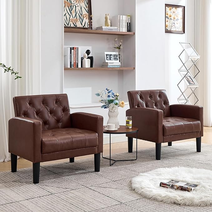 TYBOATLE Accent Chairs Set of 2 Comfy Living Room Chair Leather Tufted Mid Century Modern Accent Chair, Small Cozy Reading Arm Chair for Office, Bedroom (2, Brown)