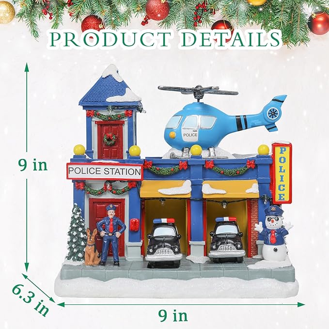 Bdor Christmas Police Station Decoration – Lighted Animated Holiday Village Scene with Helicopter and Police Cars – Plug-in Resin Christmas Tabletop Ornament – 9"x6.3"x9"