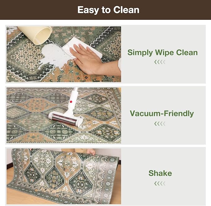 Floor Mat for Home 5×7ft, Easy Clean Plastic Rug-Like Pattern Area Mat for Living Room, Waterproof Vinyl Area Rug for Under Kitchen Table, No Slip Soft Vintage Rug for High Traffic Area (Green)