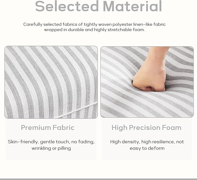 HUIMO Linen Fabric Accent Chairs Set of 2, Mid-Century Modern Armchair with Solid Wood Legs, Single Sofa Chair,Upholstered Reading Club Chair (2, Light Grey and White Stripe)