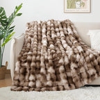 Touchat Luxury 1000GSM Faux Rabbit Fur Throw Blanket, Super Heavy Warm Cozy Brown Blankets for Couch Bed Sofa, Ruched Plush Fuzzy Elegant Soft Reversible Mink Blanket for Living Room Bedroom