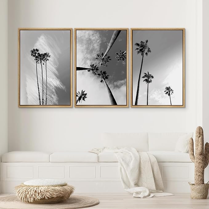 SIGNWIN 3 Piece Framed Canvas Wall Art Black and White Palm Tree Canvas Prints Home Artwork Decoration for Living Room,Bedroom - 16"x24"x3 Natural
