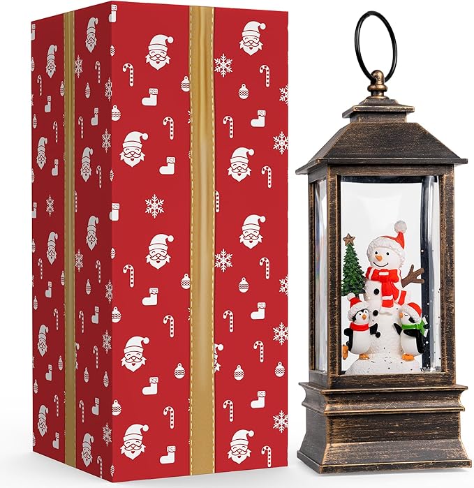 10'' Musical Snow Globe Lantern Lighted Snowman with Penguin Water Lantern Swirling Glittering Home Decoration and Gift, Battery Operated or USB Powered