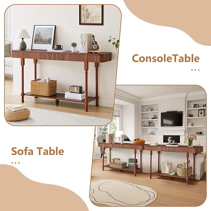 63”Console Table with 2 Drawers, Farmhouse Entryway Table with Fluted Panel & Storage Shelf,Narrow Long Behind Couch Tables Accent Sofa Table with Solid Wood Legs for Living Room Foyer Hallway(Walnut)