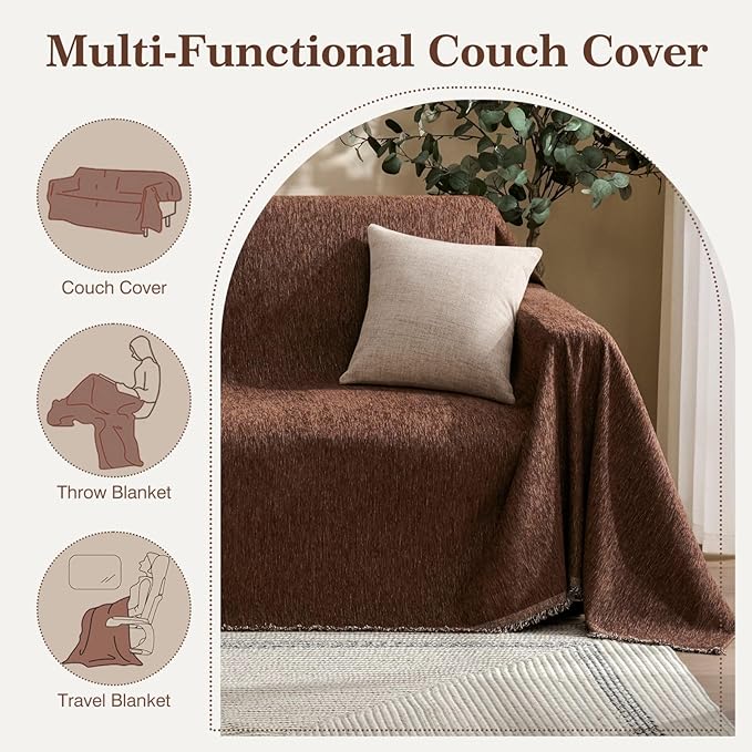 Couch Cover for Dogs Sectional Sofa Covers Washable for 2 Cushion Couch, Chenille Couch Cover Blanket Sectional Sofa Slipcovers, Multi-Use Furniture Protector for Kids, Pets, 71" X118", Coffee