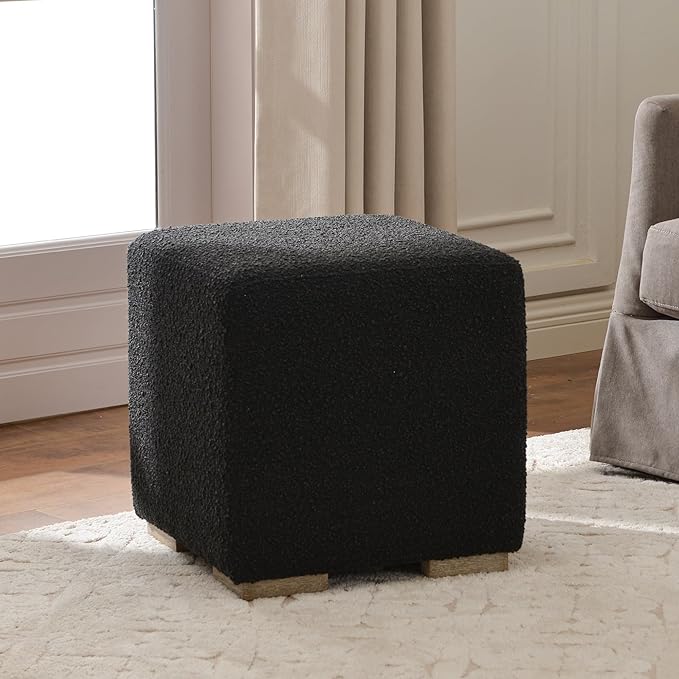 KINWELL 18.5" Wide Modern Square Boucle Upholstered Ottoman with Solid Wood Legs, Cube Ottoman Multi-Functional Sofa Footrest, Extra Seating for Living Room, Bedroom, Fully Assembled (Black)