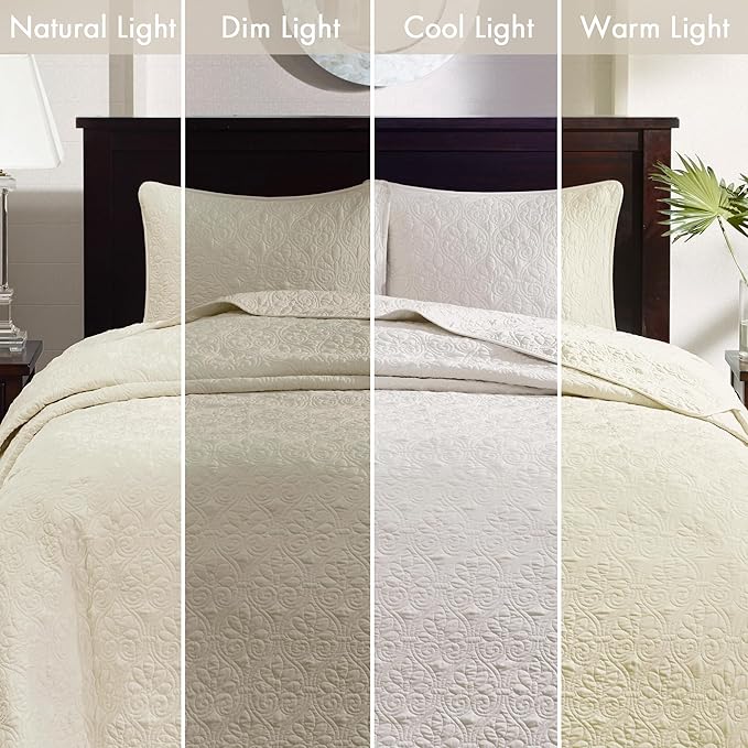 Madison Park Quebec King Size Quilt Bedding Set - Ivory , Damask – 3 Piece Bedding Quilt Coverlets – Ultra Soft Microfiber Bed Quilts Quilted Coverlet