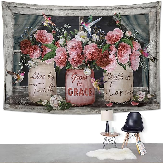 yowecso Farmhouse Rose Tapestry Peony Flower Tapestry Wall Hanging for Bedroom Floral Tapestries Aesthetic Wall Decor for Home Dorm Living Room 50"x60"