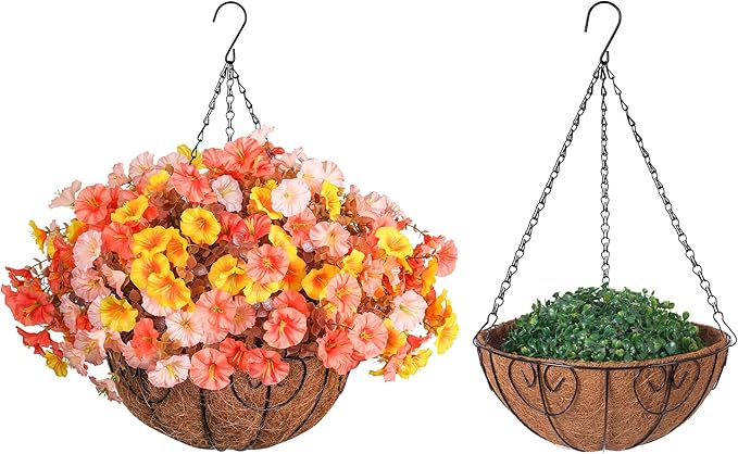 Artificial Fall Flowers Fake Hanging Plants Flowers Basket for Outdoors Autumn Decoration, Silk Morning Glory with Eucalyptus Look Real UV Resistant Faux Flowers for Outside Porch Patio Balcony, Mix