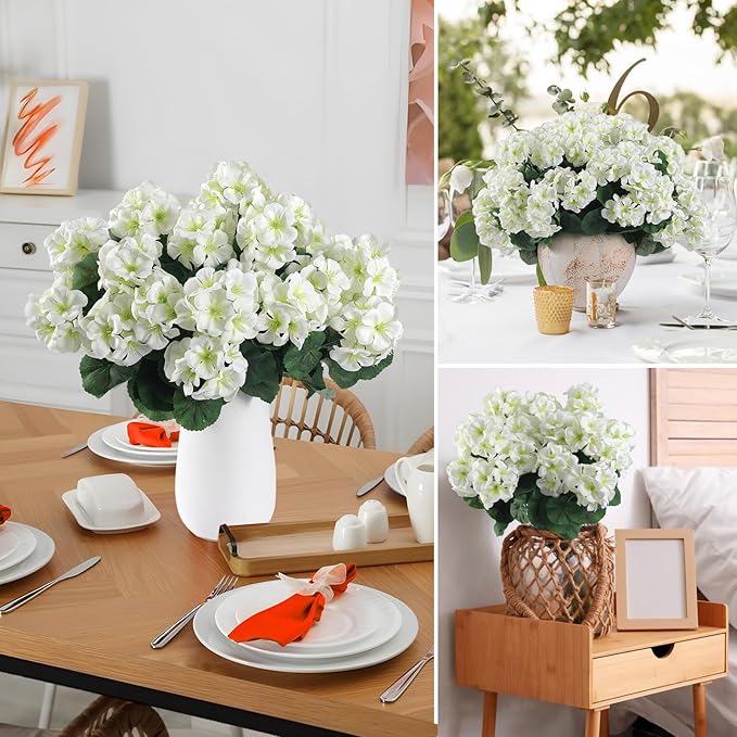 Hananona Artificial Geranium Flowers for Outdoors Geranium Silk Flowers Outdoor UV Resistant Garden Plants Faux Flowers for Home Kitchen Table Centerpieces Decor (12, White)