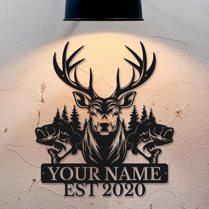 Personalized Custom Forest Deer and Fish Wall Decor, Metal Signs, Black Metal Wall Art, Custom Name Signs for Dad's Shed, Camping and Hunting Decor