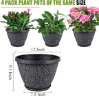 4 Pack 12 Inch Large Flower Pots for Outdoor Indoor, Plastic Plant Pots with Drainage Hole & Saucer, Modern Decorative Garden Pot, Imitation Magnolia Pots for Garden House Planters（Gray）