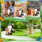 Garden Gnome Statues Figurine Lights - Solar Powered Lighting Outdoor Decorations with Lantern & Welcome Sign, Yard Art Lawn Ornaments for Porch Patio Balcony - Gnome Gifts for Women Mom