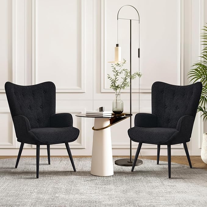 Furnimart Mid-Century Modern Accent Chairs Set of 2, Black Sherpa Wingback Reading Chairs with High Backrest, Armchair for Living Room, Bedroom, Waiting Room