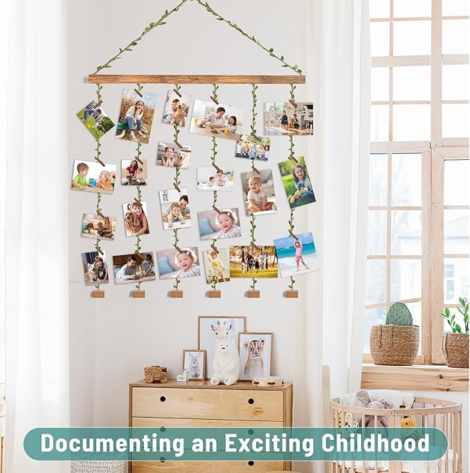 Wooden Hanging Photo Display Pictures Holders with 30 Clips,Picture Collage Frames for Wall,Suitable for Home Office Nursery Bedroom Room Dorm-Carbonized Black