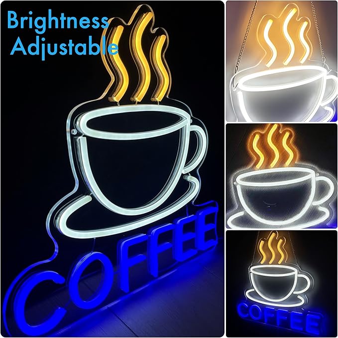 COFFEE Neon Sign in Yellow, White & Blue for Coffee Shops & Restaurants – Vibrant Multicolor LED Wall Light – Eye-Catching Decor for Cafés and Beverage Counters (Blue, Yellow, White)