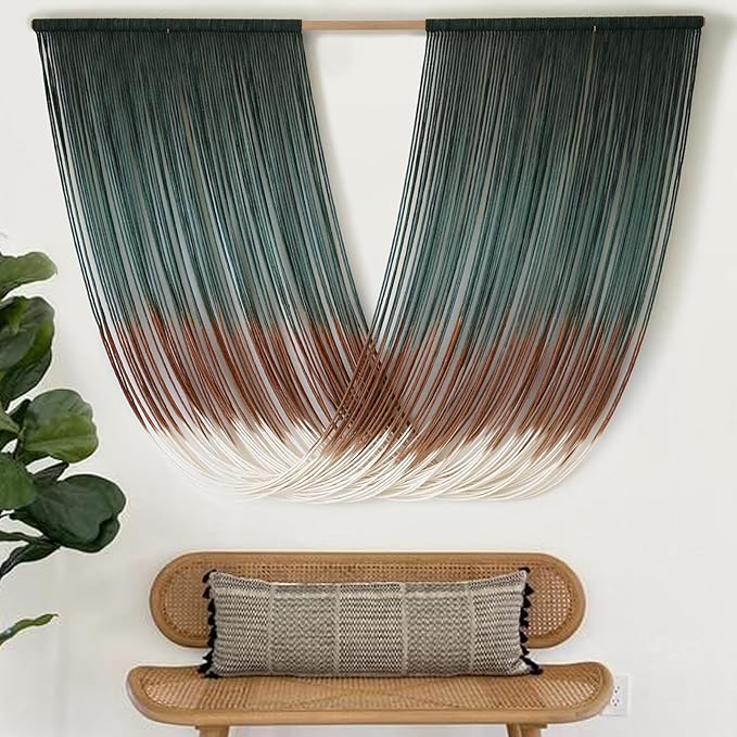 Macrame Wall Hanging Dip-Dye Green Boho Wall Decor Chic Fiber Yarn Wall Art Craftsmanship Bedroom Livingroom Nursery Apartment Home Decor 57" W x 35" L
