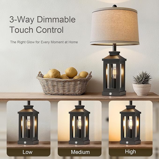 BOBOMOMO 23.75" Farmhouse Black Table Lamps Set of 2– Rustic Bedside Lamps with 3 Way Dimmable Touch Control Night Light & USB A+C Ports, Modern Lamp for Bedroom, Living Room, Entryway