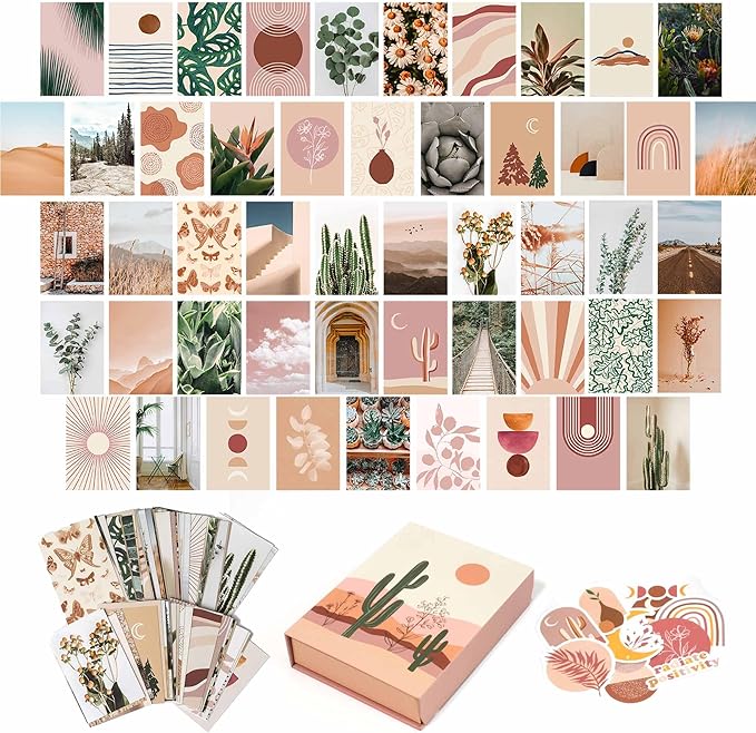 Artivo Boho Wall Collage Kit for Teen Girls, Cute Room Decor, Aesthetic Wall Decor Pictures, Boho Wall Art Prints Bedroom Decor, Posters for Room Aesthetic, Dorm Collage Photos 50 Set 4x6 inch