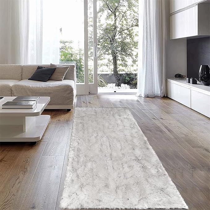 Latepis Boho Runner 2x6 White with Grey Tips Fluffy Shag Rug Washable Shaggy Rugs Faux Sheepskin Fur Rug Throw Rugs for Living Room Bedroom,Runner