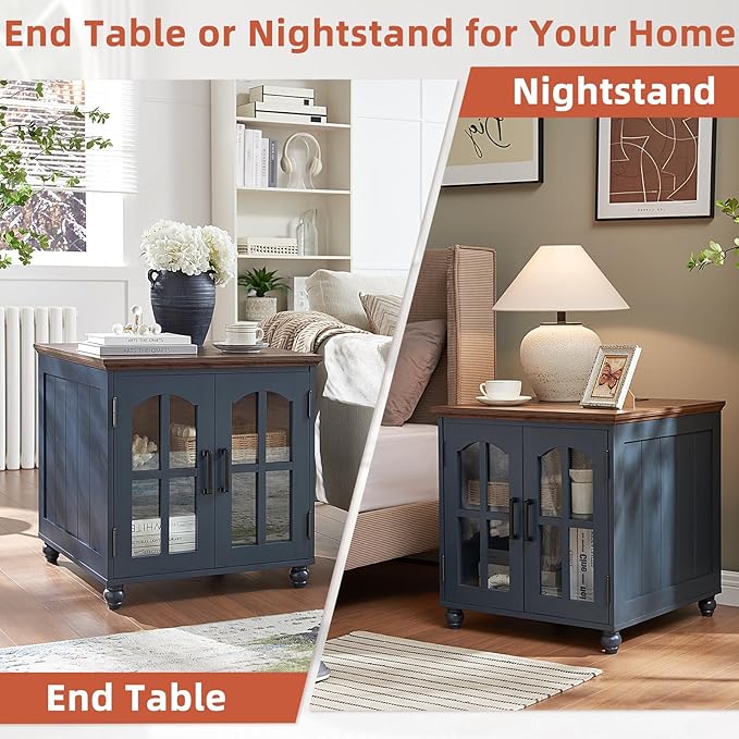Farmhouse End Table Set of 3 with Charging Station, 18'' Narrow Side Table and 24" Large Sofa Side Table with Glass Barn Door Storage, Wood Night Stand Bedside Table for Living Room,Bedroom