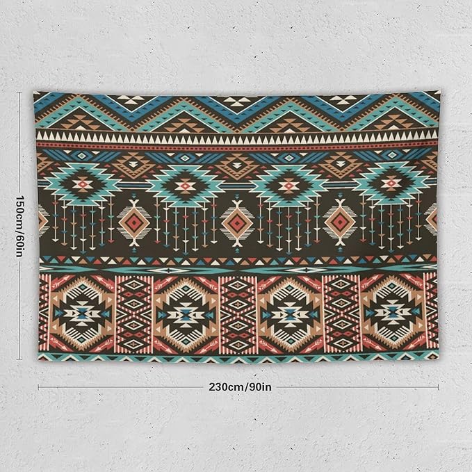 HZOHNAGO Aztec Tapestry Turquoise Blue and Brown and Native American Tribal Pattern Printed Wall Tapestry Wall Hanging for Bedroom Living Room Dorm 90" W x 60" H
