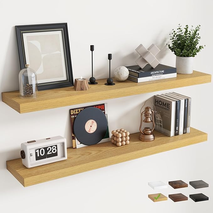 48 Inch Floating Shelves for Wall Set of 2, 8"D Wood Grain Bathroom Shelves with Invisible Brackets, Easy Install Engineered Wood Storage Shelves for Kitchen, Living Room, Bedroom, Oak Finish