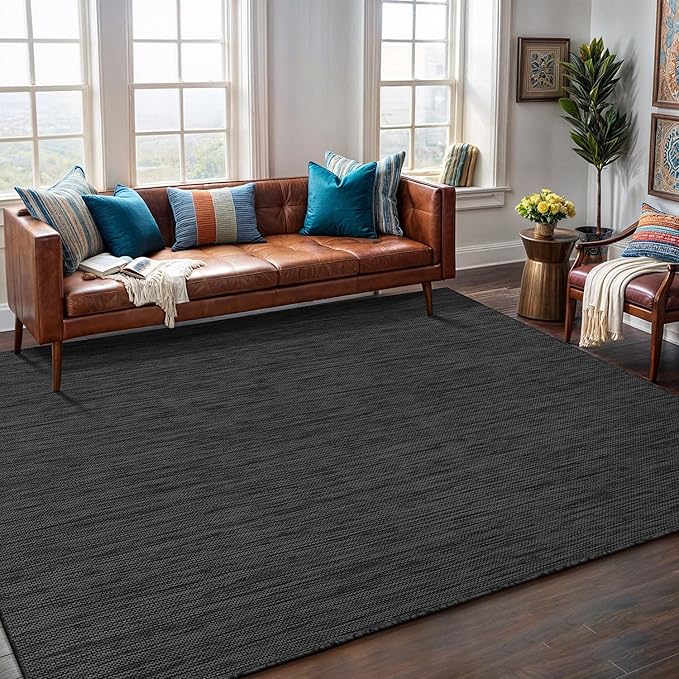 Washable Indoor Outdoor Rug 9x12 Weather Resistant Area Rugs Modern Solid for Porch Deck Balcony Backyard Patio Outside Carpet (9 X 12 Dark Grey)