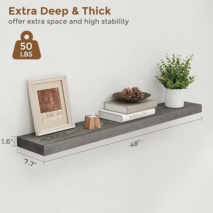 Marsmiles Floating Shelves for Wall - 48 Inch Grey Wood Floating Shelves Set of 1-48 Inch Wide x 7.7 Inch Deep x 1.6 Inch Thick Rustic Wooden Shelves for Room Wall