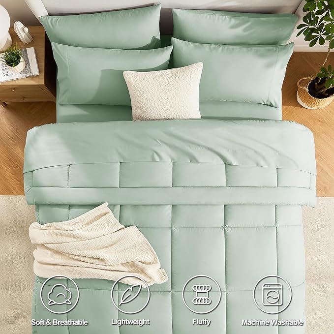CozyLux Full Size Comforter Sets Sage Green, 7 Pieces Bed in a Bag, Green Comforter Full Size, All Season Bedding Sets with Stitch Quilted Comforter, Flat Sheet, Fitted Sheet, Pillowcases