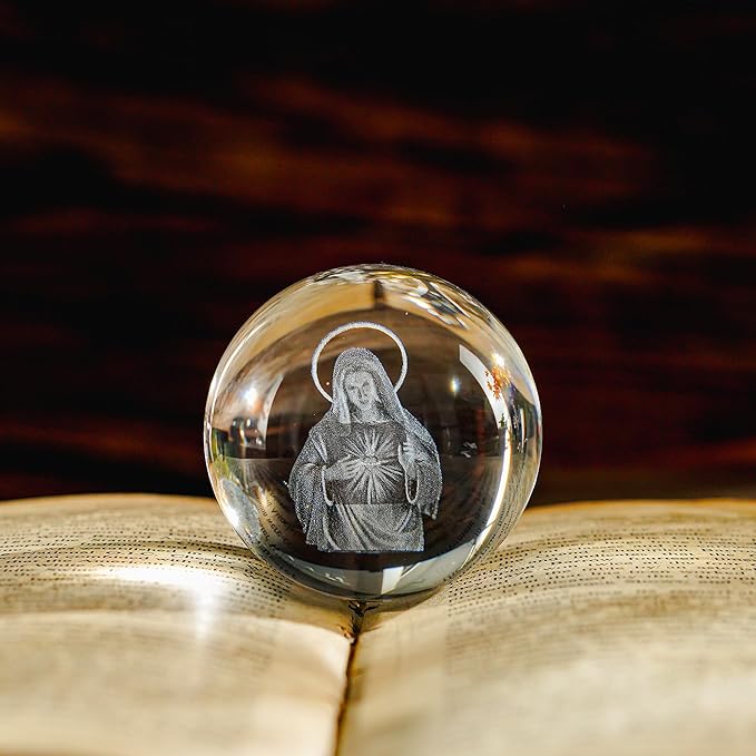 ZEERSHEE 3D The Virgin Mary Holding The Bible Crystal Ball with Stand Blessed Mother Statues Paperweight Christian Catholic Religious Gifts for Women Men