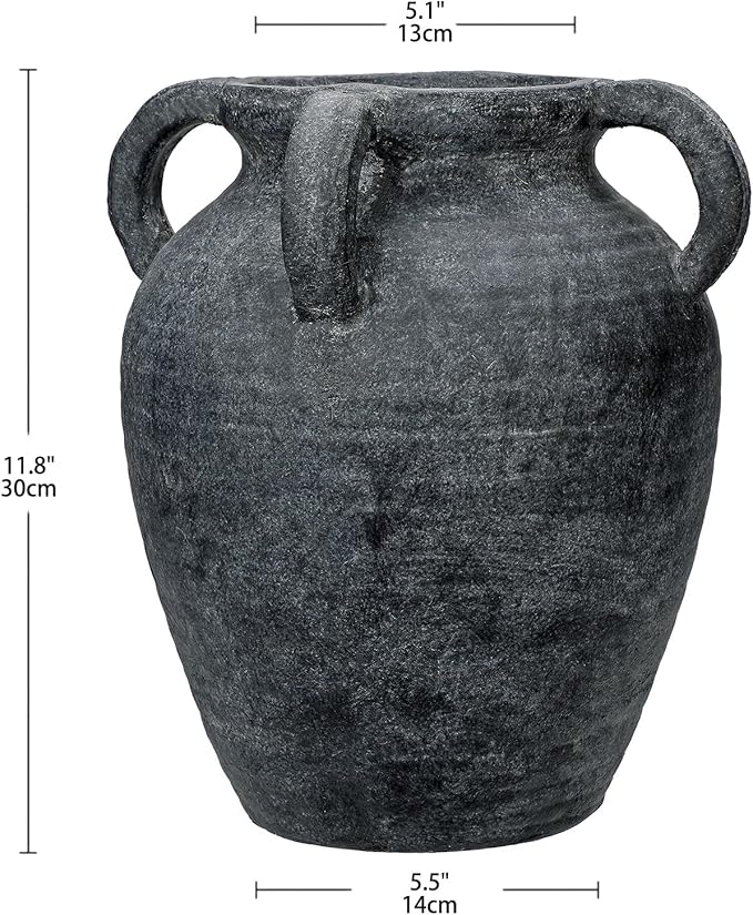 Handmade Flower Vase, 12" Tall Terracotta Vase, Vintage Black Ceramic vase, Rustic Antique Decor with 3 Handles, Wide Mouth, Matte Finish for Home Office Resto Café Décor