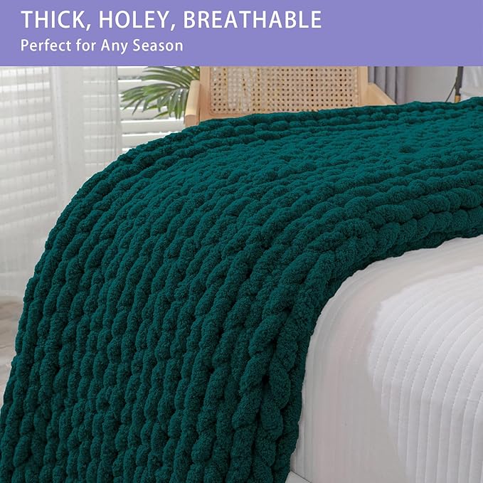 Bigacogo Chunky Knit Throw Blanket for Couch, 40x40 inches, 100% Hand Knitted with Thick Jumbo Chenille Yarn, Cozy Soft Large Rope Knot Cable Crochet Blankets for Sofa Bed Living Room, Dark Green