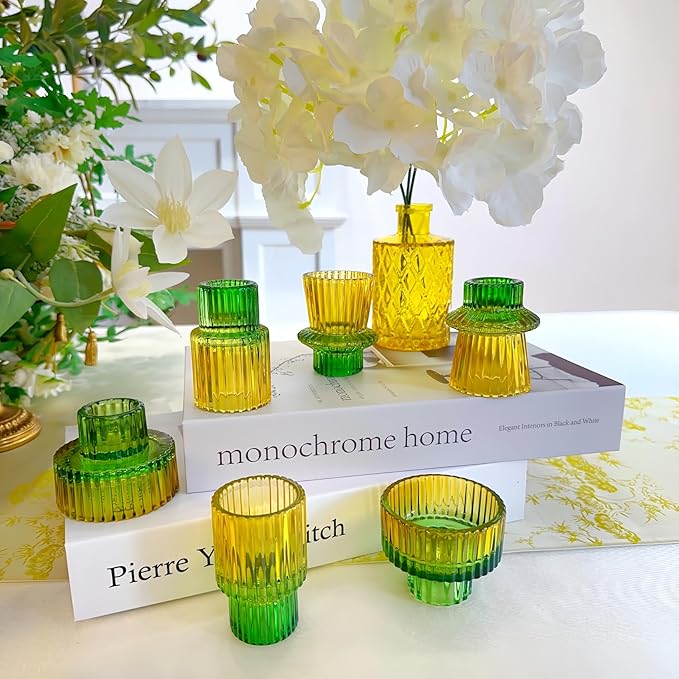 Double Sided Vintage Ribbed Taper Glass Candle Holders,Tea Candle Holder for Table Centerpieces, Wedding Decorations and Dinner Parties (Yellow Green, 6 PCS)