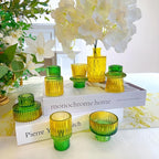 Double Sided Vintage Ribbed Taper Glass Candle Holders,Tea Candle Holder for Table Centerpieces, Wedding Decorations and Dinner Parties (Yellow Green, 6 PCS)