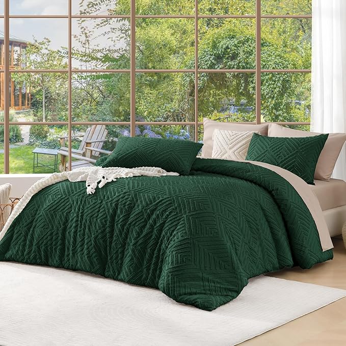 Andency Dark Emerald Green California King Comforter Set, 3 Pieces Boho Tufted Cal King Bedding Set & Collections, Forest Green Oversized Soft Lightweight Bed Set (104x96In, 2 Pillowcases)