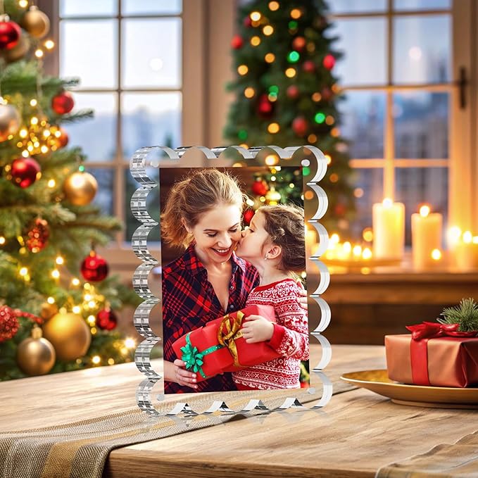 3 Pack Acrylic Picture Frames, 4x6 Magnetic Photo Frame with Stands, Double Sided Clear Picture Frame,10+10mm Thickness Scalloped Photo Frames for Home Office Decor Table Top Display