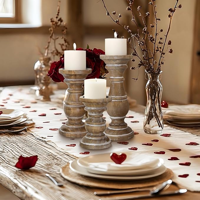 Candle Holder for Pillar Candle Set of 3, Farmhouse Wood Candle Holder, Rustic Wooden Candle Stand, Vintage Small Wooden Candlestick HoldersDecorative for Living Room, Table Centerpiece (Rusticbrown)