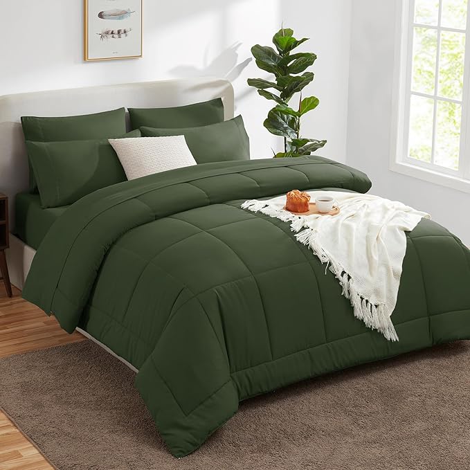 CozyLux Queen Comforter Set Olive Green, 7 Pieces Bed in a Bag, Green Comforter Queen Size, All Season Bedding Sets with Stitch Quilted Comforter, Flat Sheet, Fitted Sheet, Pillowcases
