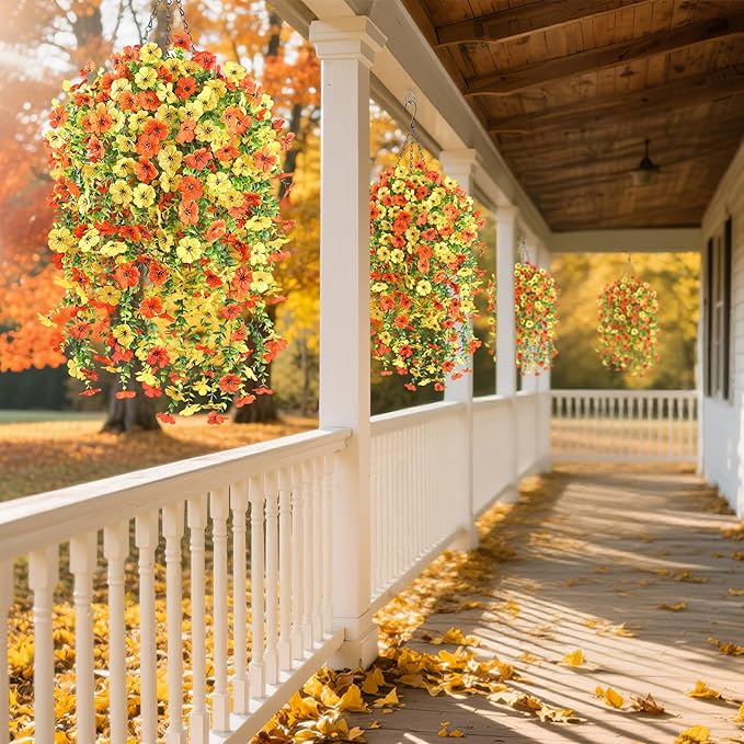 6 Bundles Artificial Fall Flowers for Outdoors Fake Plants Garden Home Fall Decor,UV Resistant Realistic Silk Faux Autumn Flower Indoor Outside Front Porch Patio Balcony Yard Farmhouse(Orange)