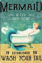 Mermaid Decor Gifts Funny Bathroom Decor Wall Art Coffee Bar Vintage Metal Tin Sign - Wash Your Tail - Office Home Toilet Signs Wall Decor Pictures 8 X 12 Inch