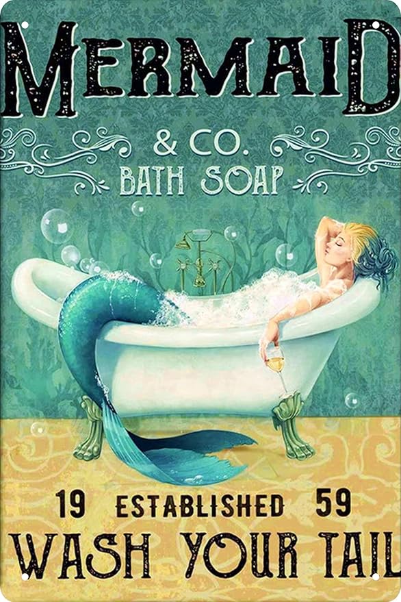 Mermaid Decor Gifts Funny Bathroom Decor Wall Art Coffee Bar Vintage Metal Tin Sign - Wash Your Tail - Office Home Toilet Signs Wall Decor Pictures 8 X 12 Inch