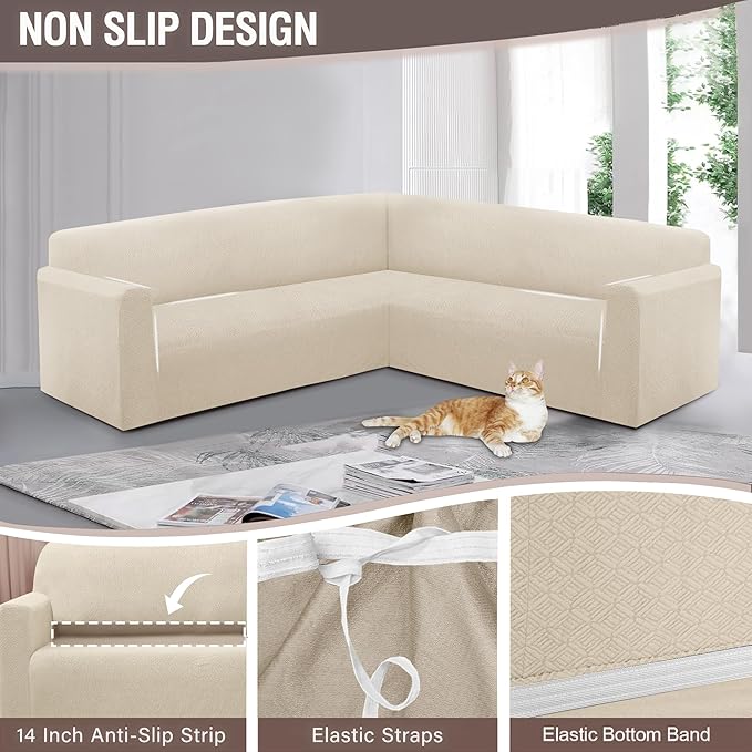 HDCAXKJ Sectional Couch Cover L Shape Stretch Sofa Covers Washable Jacquard Corner Couch Slipcover Non Slip Sectional Slip Cover U Shaped Furniture Protector for Pets Dogs (Light Beige, X-Large)