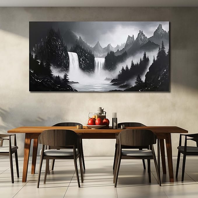Mountain Hand Painting Wall Decor For Living Room - Extra Large Waterfall Pictures Wall Art For Office - Landscape Canvas Wall Art For Bedroom Size 36 x 72 Inch