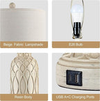 28" Table Lamps for Living Room Set of 2, Farmhouse Lamps for Bedroom with USB Ports, 3-Way Dimmable Nightstand Table Lamp (Bulbs Included)